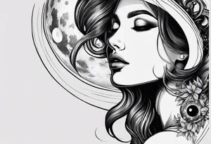 A surrealistic forarm tattoo featuring beautiful woman’s face holding a planet in her hand. Above her head is a man being lifted up into a black hole tattoo idea
