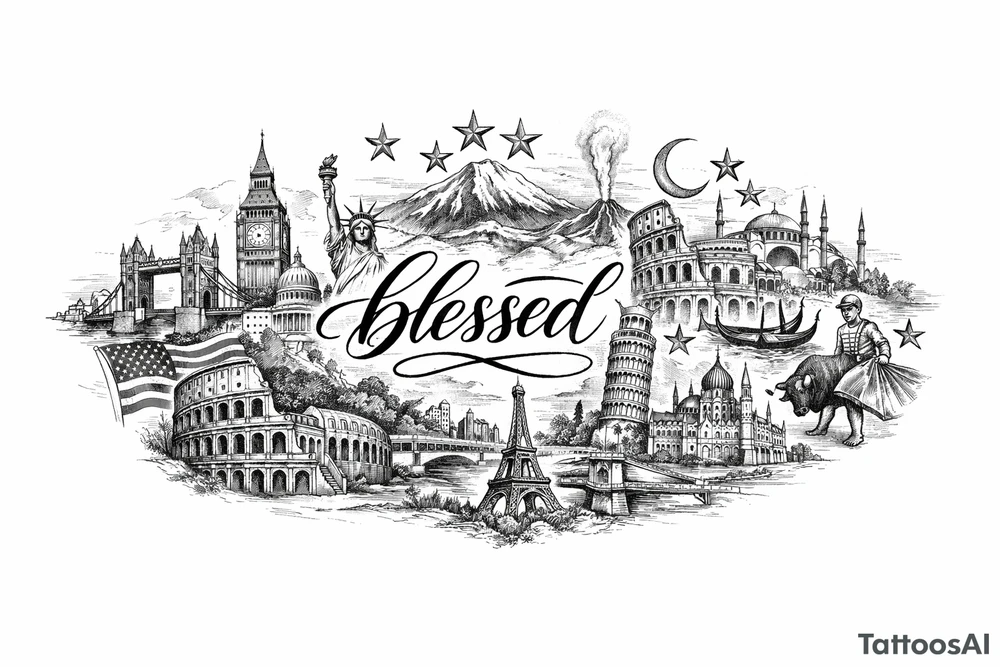 Fine line surrel around “blessed” central inner forearm
England, USA, Iceland (3stars), Italy(2stars), Spain, Turkey(2stars), France & Hungary tattoo idea