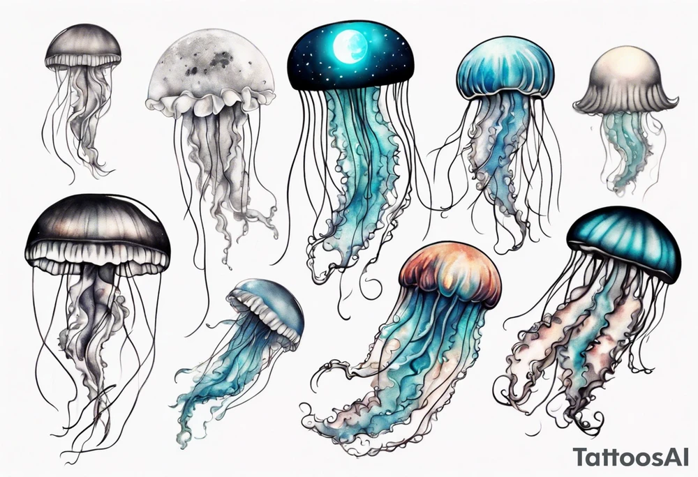 1 jellyfish swimming in front of the moon tattoo idea