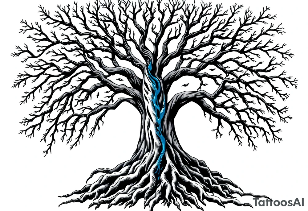 Black and white Tree with roots. Blue water inside the whole tree like veins tattoo idea