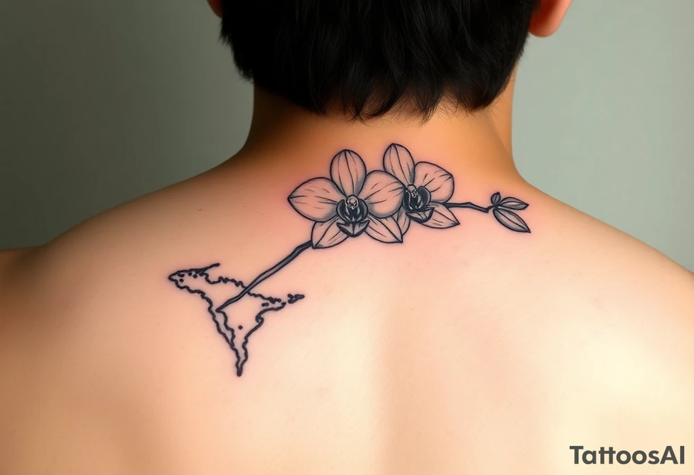 Line tattoo that uses the Venezuelan coastline as the stem of an orchid flower tattoo idea