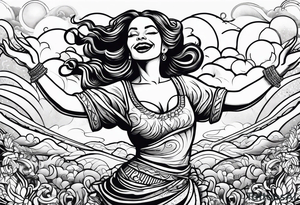 Silly. odd woman ugly dancing pointing her fingers up in the sky. tattoo idea