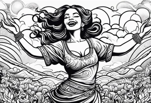 Silly. odd woman ugly dancing pointing her fingers up in the sky. tattoo idea