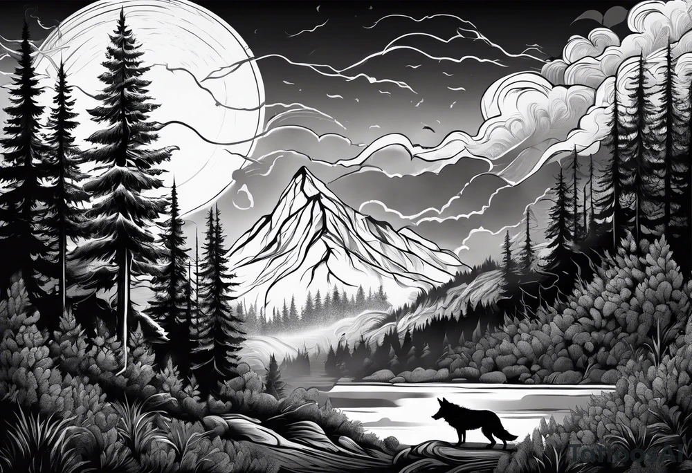 Powerful storm with wolf and forrest tattoo idea