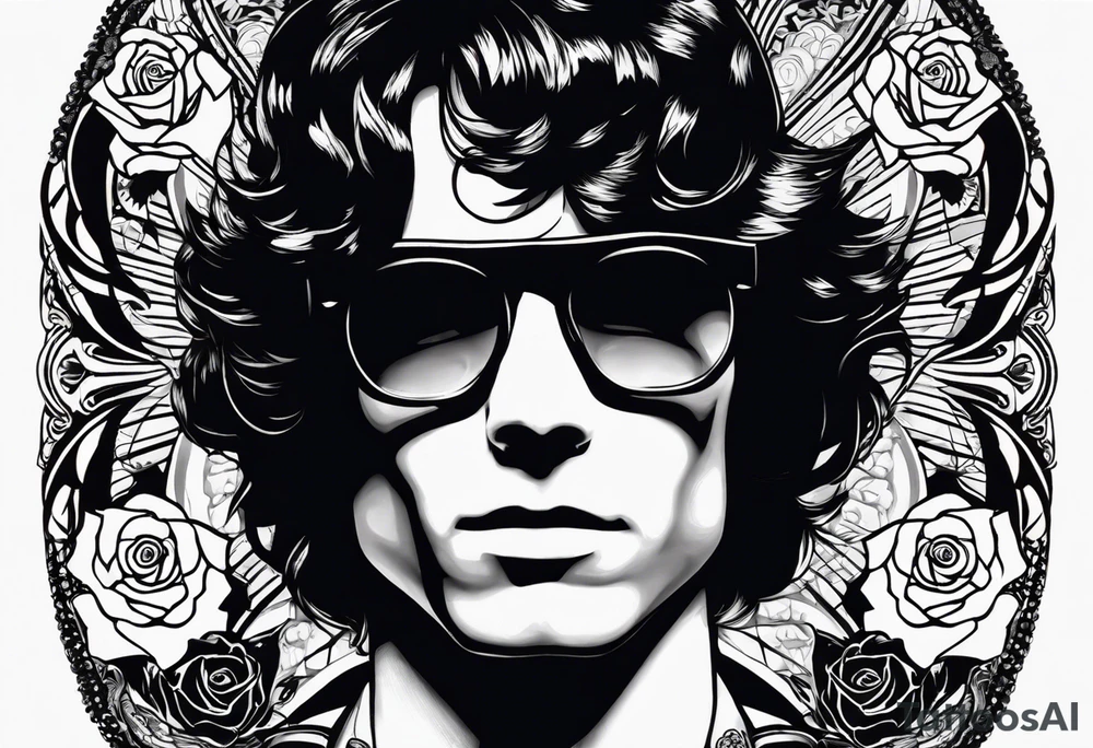 would like a black and white sleeve feautiring Jim Morrison (existing)
 on the upper arm, would like roses and psychadelic shapes in between, Hendrix's guitar, Joplins glasses and Johhn Cash portrait

As a sleeve design for the left arm tattoo idea