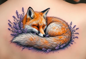 A fox curled up beneath a lavender bush, with warm orange tones contrasting the cool purple hues. tattoo idea