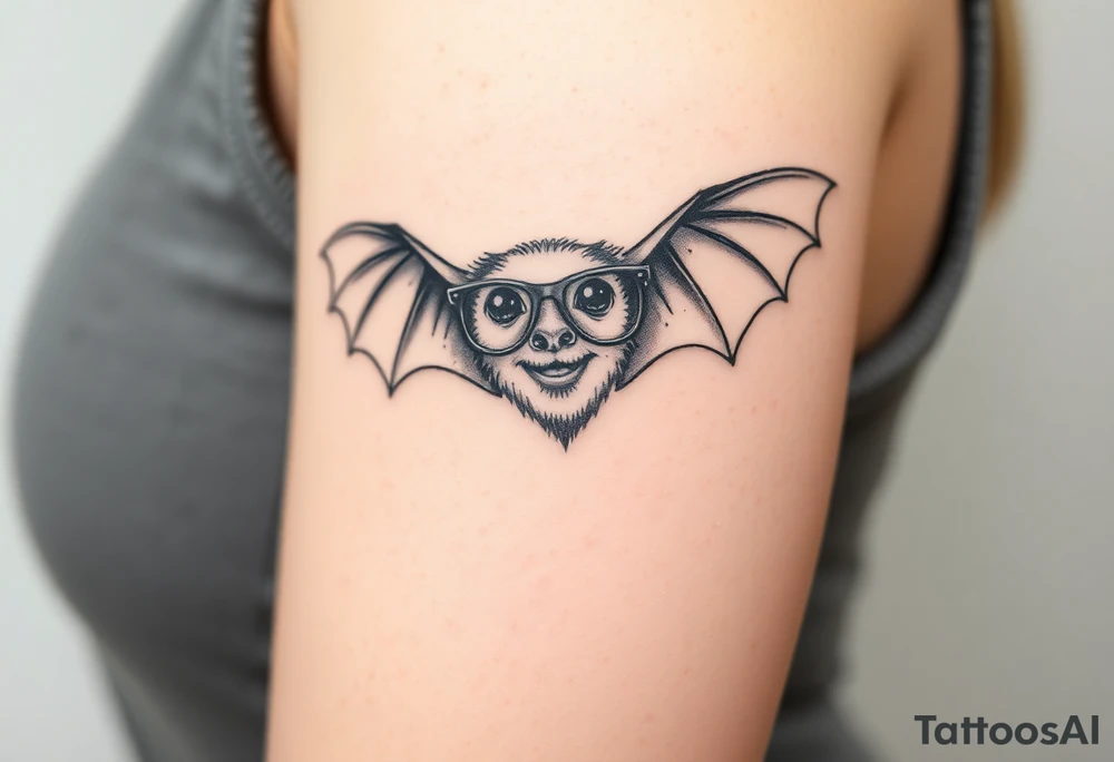 Small bat wearing wire framed glasses tattoo idea