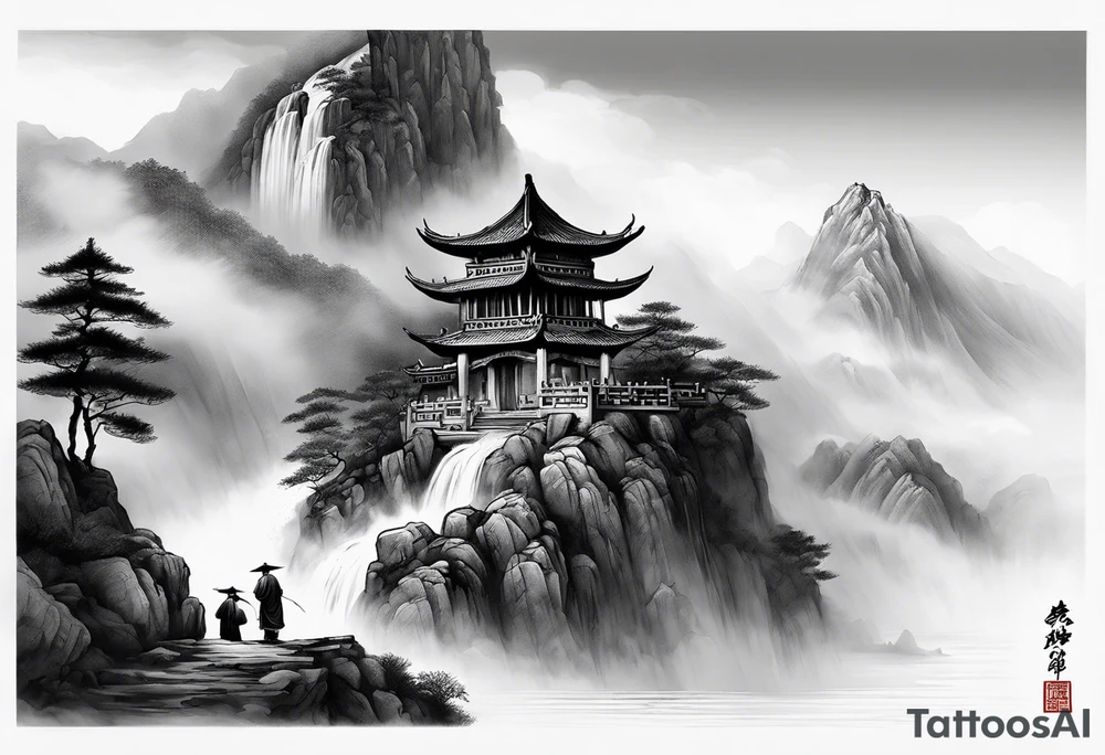 forearm sleeve traditional chinese art painting style mountains mist fog waterfall Chinese temple two old men wearing robes and drinking tea tattoo idea