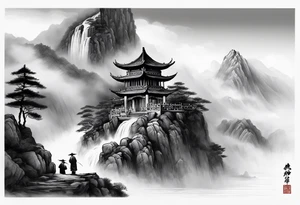 forearm sleeve traditional chinese art painting style mountains mist fog waterfall Chinese temple two old men wearing robes and drinking tea tattoo idea