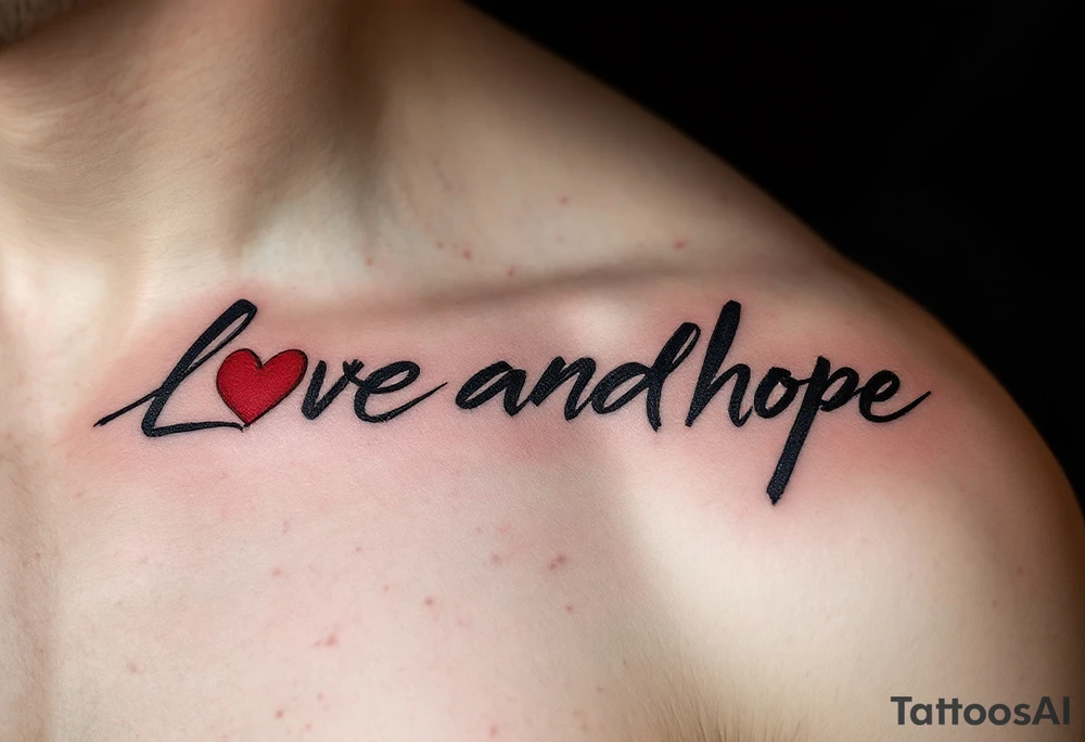 Brushstroke style tattoo in dark ink love faith hope with a crimson heart replacing the letter "o" in "love and hope". tattoo idea