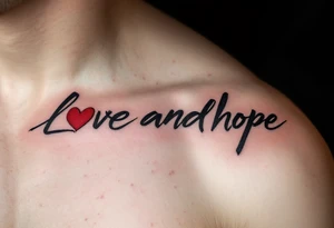 Brushstroke style tattoo in dark ink love faith hope with a crimson heart replacing the letter "o" in "love and hope". tattoo idea