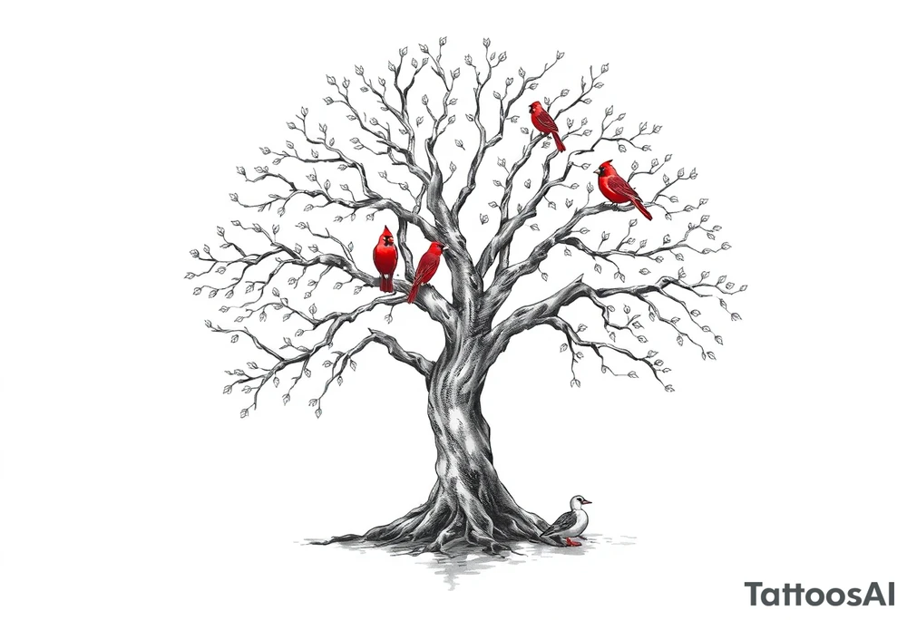 Tree of life with five birds flying out of the tree and  two red cardinals sitting on the tree and a duck in a pond tattoo idea