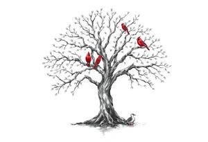 Tree of life with five birds flying out of the tree and  two red cardinals sitting on the tree and a duck in a pond tattoo idea