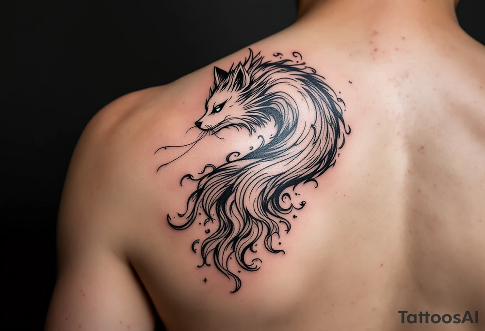 feminine kitsune, the tails flow and end looking like flames. The tails wrap around the shoulder body curves and head ending below the armpit tattoo idea