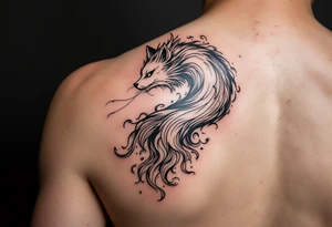 feminine kitsune, the tails flow and end looking like flames. The tails wrap around the shoulder body curves and head ending below the armpit tattoo idea