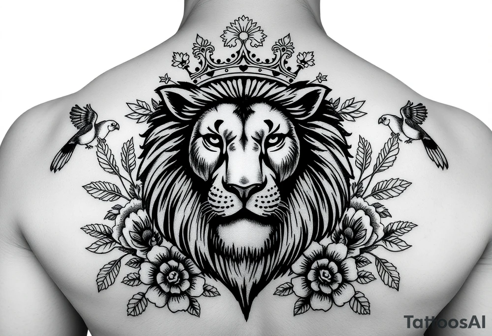 powerful majestic lion with a crown, surrounded by floral ornaments and birds tattoo idea