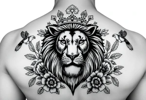 powerful majestic lion with a crown, surrounded by floral ornaments and birds tattoo idea
