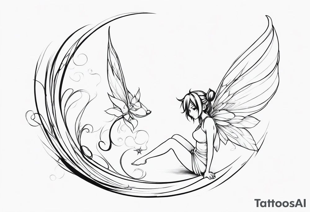 No color sketch of a fairy with a tail inspired by the guild symbol in the anime show called Fairy Tail in a fetal position leaning forward while crawled in and her body is an angle while floating in the air with big wings tattoo idea