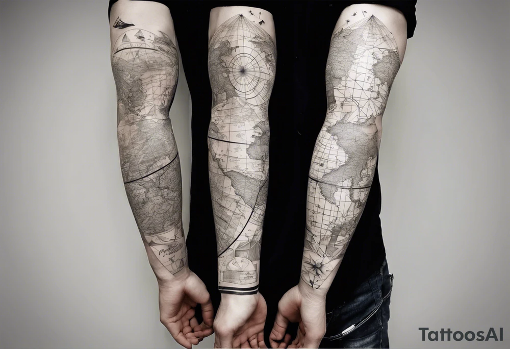 full arm tattoo for man with images of maps and travel and science tattoo idea