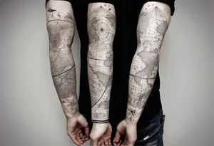 full arm tattoo for man with images of maps and travel and science tattoo idea