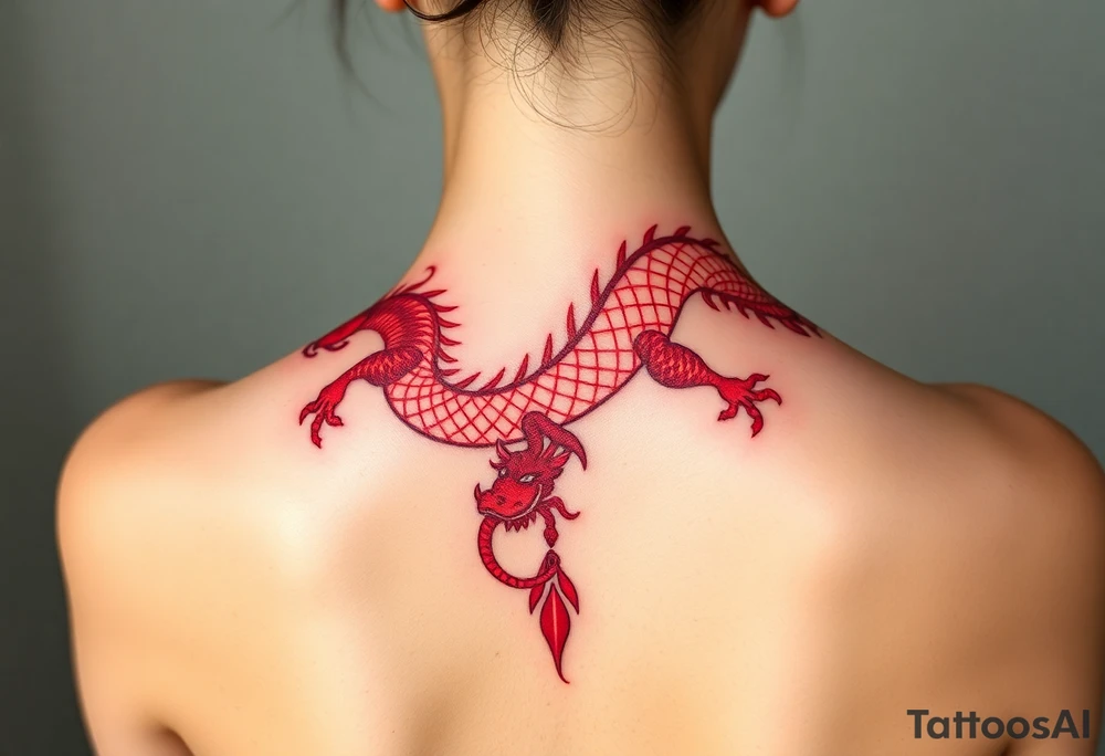 Big red chinese dragon along spine tattoo idea