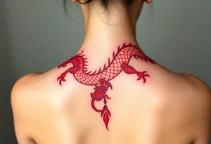 Big red chinese dragon along spine tattoo idea