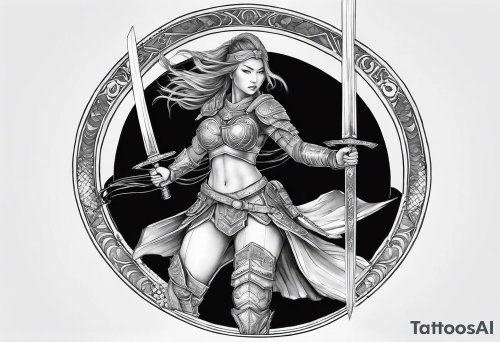 3 female warriors in full body armor wielding dual swords, you can only see their backs, in front of a incomplete enso circle tattoo idea
