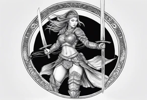 3 female warriors in full body armor wielding dual swords, you can only see their backs, in front of a incomplete enso circle tattoo idea