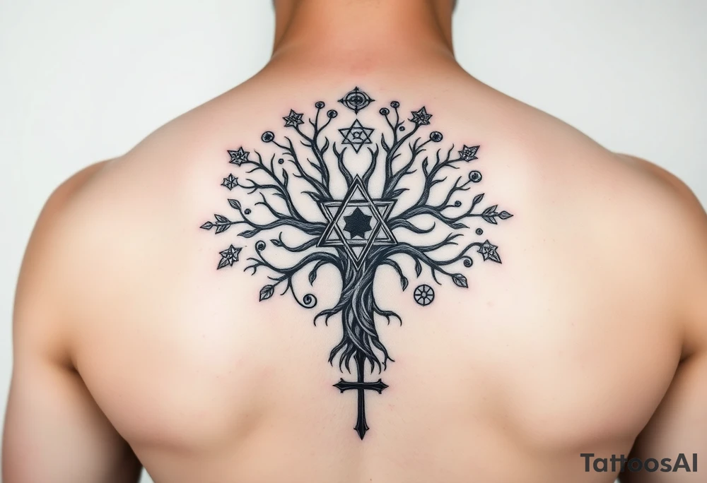 geometrical mystical tree of life with the star of David and cross cosmic roots and celestial symbols branches with HIV-positive symbol tattoo idea