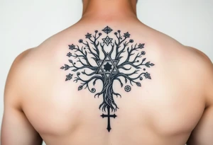 geometrical mystical tree of life with the star of David and cross cosmic roots and celestial symbols branches with HIV-positive symbol tattoo idea