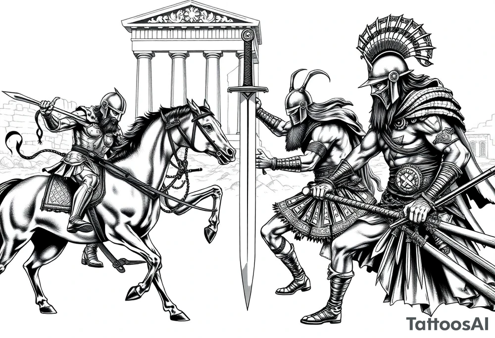 Viking vs Angus Kahn vs English knight on horse vs Roman gladiator vs Japanese samurai. Note realistic fighting and weapons against each other. Background ancient ruins of Greece behind tattoos to fill in skin area no sword down the middle tattoo idea