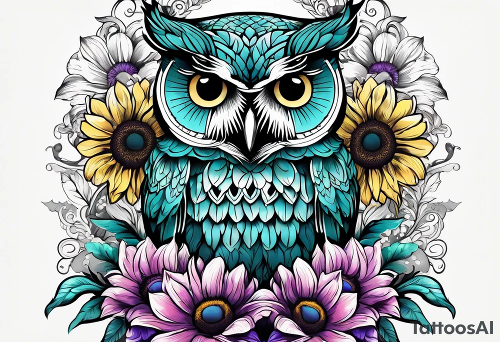 Half arm sleeve black and white owl shaded teal, pink and purple surrounded by yellow sunflowers tattoo idea