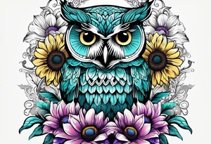 Half arm sleeve black and white owl shaded teal, pink and purple surrounded by yellow sunflowers tattoo idea