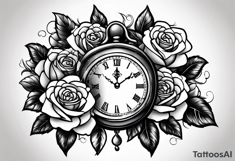 Pocket clock with chain and roses tattoo idea
