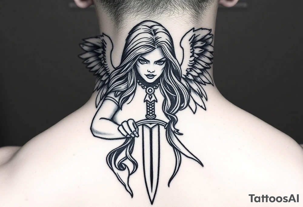 Fierce Female Angel warrior with dagger Greek style with dark shading tattoo idea