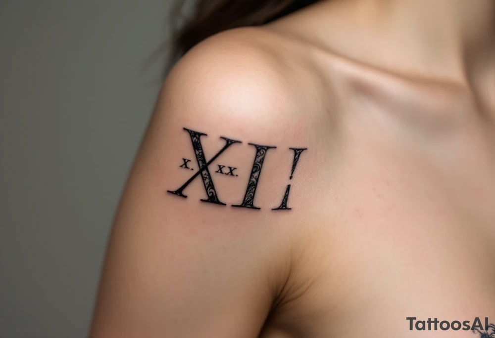 Elegant XXI.XI.MMXII in dark gray ink styled with subtle shadowing for a stone-carved effect. tattoo idea