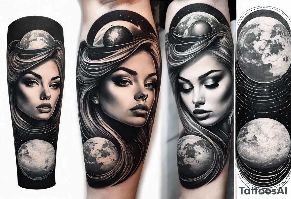 A surrealistic forarm sleeve tattoo featuring beautiful woman’s face with glowing eyes holding a planet in her hand. Above her head is a man being lifted up into a black hole tattoo idea