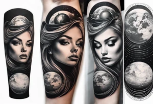 A surrealistic forarm sleeve tattoo featuring beautiful woman’s face with glowing eyes holding a planet in her hand. Above her head is a man being lifted up into a black hole tattoo idea
