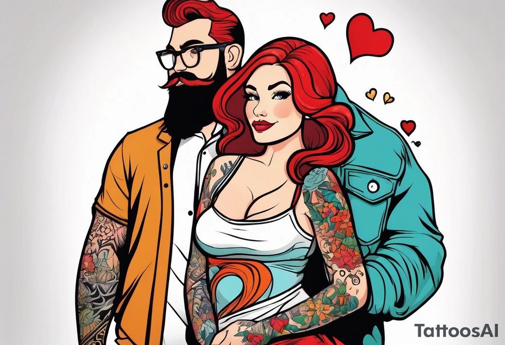 Busty Red haired woman with black haired bearded man tattoo idea