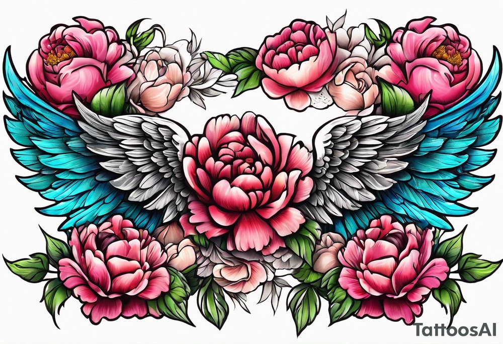 beautiful angel wings with floral peonies, roses, neon, brightly colored. highly detailed, tattoo idea
