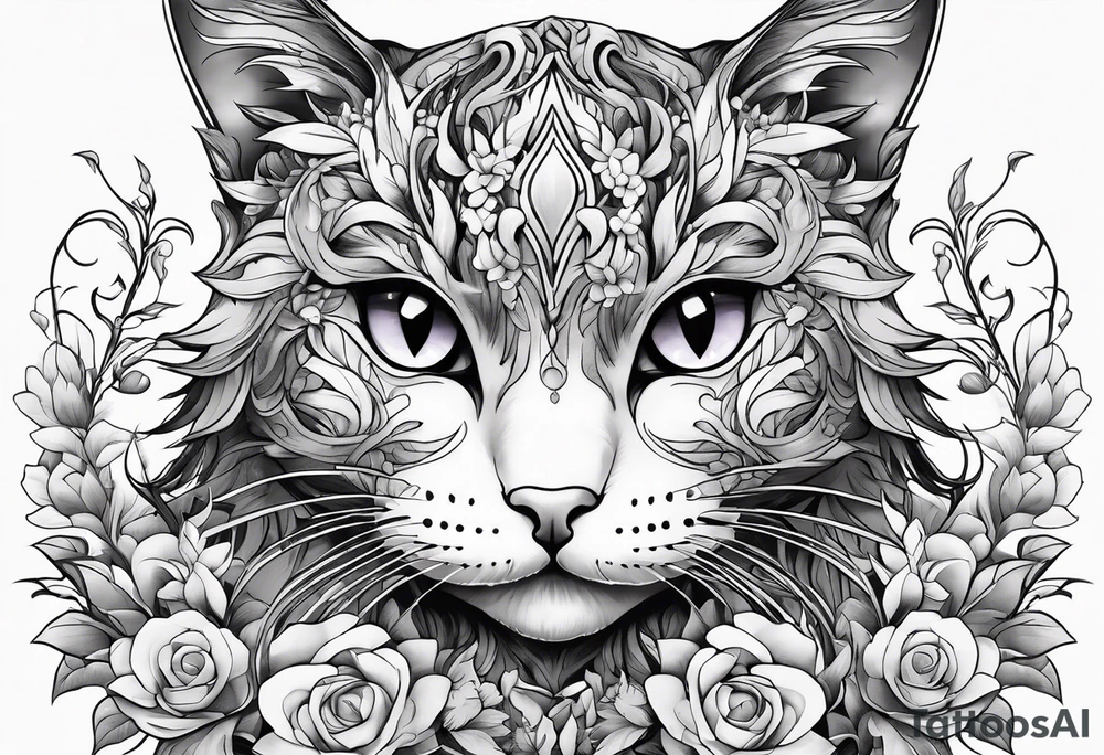 Anime cat covered in flowery vines, forearm tattoo tattoo idea