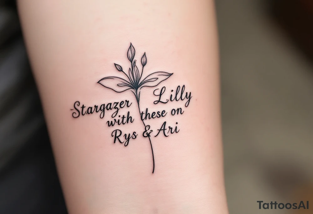 Stargazer Lilly 
with these words on stem in cursive (Rix Rys & Ari) long elegant stem with subtle shadowing through drawing in pink hues tattoo idea