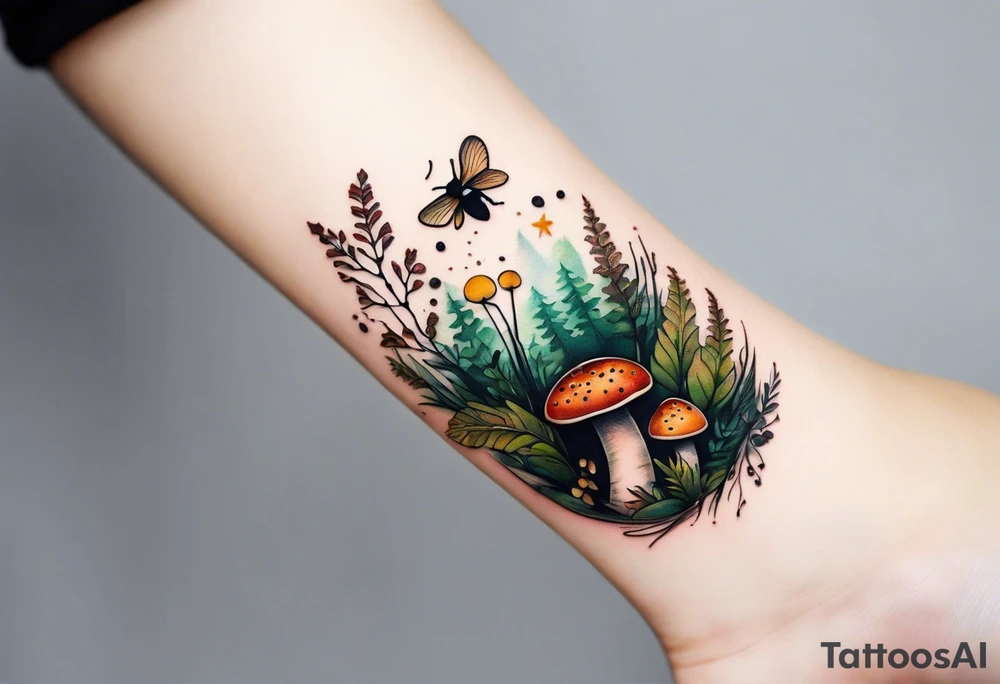 forest floor inspired minimalist tattoo, which includes grass, curly ferns, moss and dead leaves as the bulk of the tattoo. details to include: forest berries, a tiny bumblebee flying nearby, three small brown mushrooms
Generate a vertically long one tattoo idea