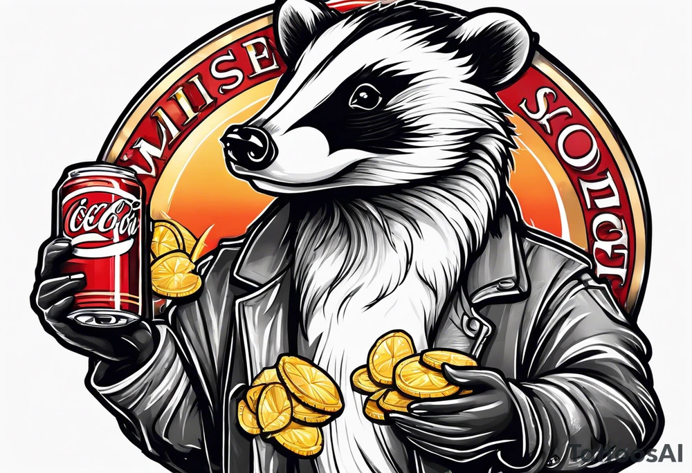 badger with mouth open with soda can and chips in hands tattoo idea