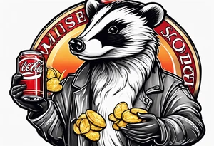 badger with mouth open with soda can and chips in hands tattoo idea