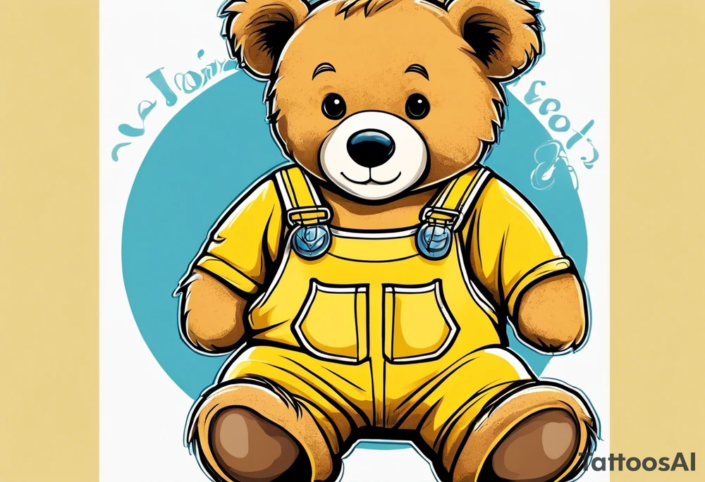 the image of the back of a light brown teddy bear standing in yellow overalls, white tank top, striped boots and holding his left arm up tattoo idea