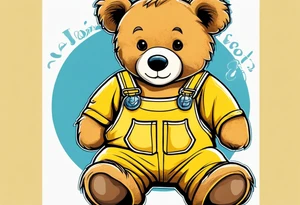 the image of the back of a light brown teddy bear standing in yellow overalls, white tank top, striped boots and holding his left arm up tattoo idea