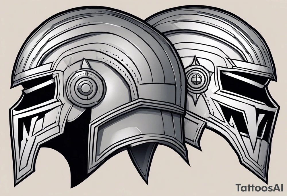 Design a tattoo featuring a sharp, angular warrior’s helmet with a bold, pointed crest and two narrow, triangular eye slits. A prominent scar runs diagonally through the right eye slit, starting above the slit, cutting through its middle, and continuing below the lower edge. The scar should have slightly jagged edges with natural tapering at both ends, resembling a healed wound on metallic armor. The helmet should include symmetrical engravings and subtle scratches, giving it a battle-worn appearance. Use clean, sharp lines with minimal shading, ensuring the design focuses entirely on the helmet and scar as a standalone tattoo, without any background or skin visualization. tattoo idea