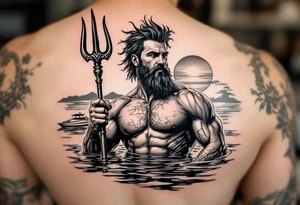 young, happy, fit, short hair, poseidon in calm water, holding a trident, drinking a beer, with sunset, with ski boat tattoo idea