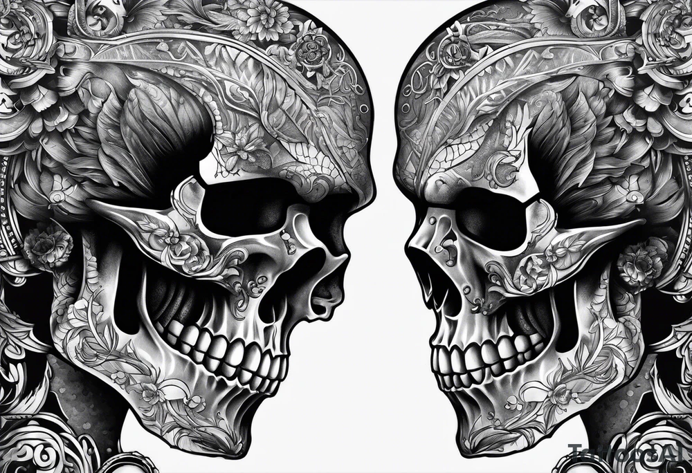 Two 1911 facing away from each other that create a terrifying skull tattoo idea